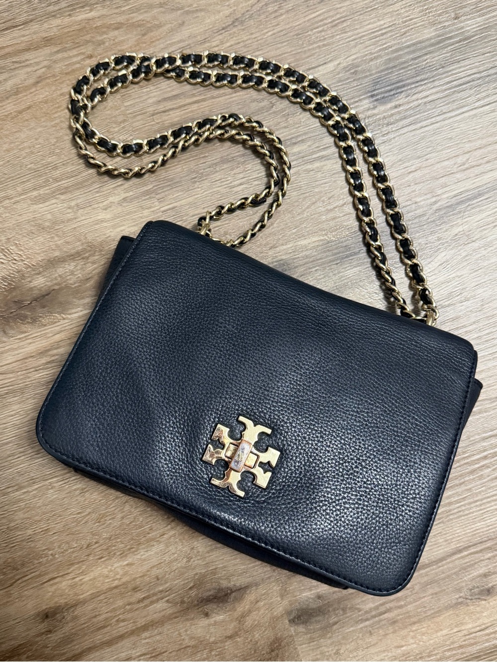 Tory Burch Black Leather Crossbody with Gold Logo and Chain